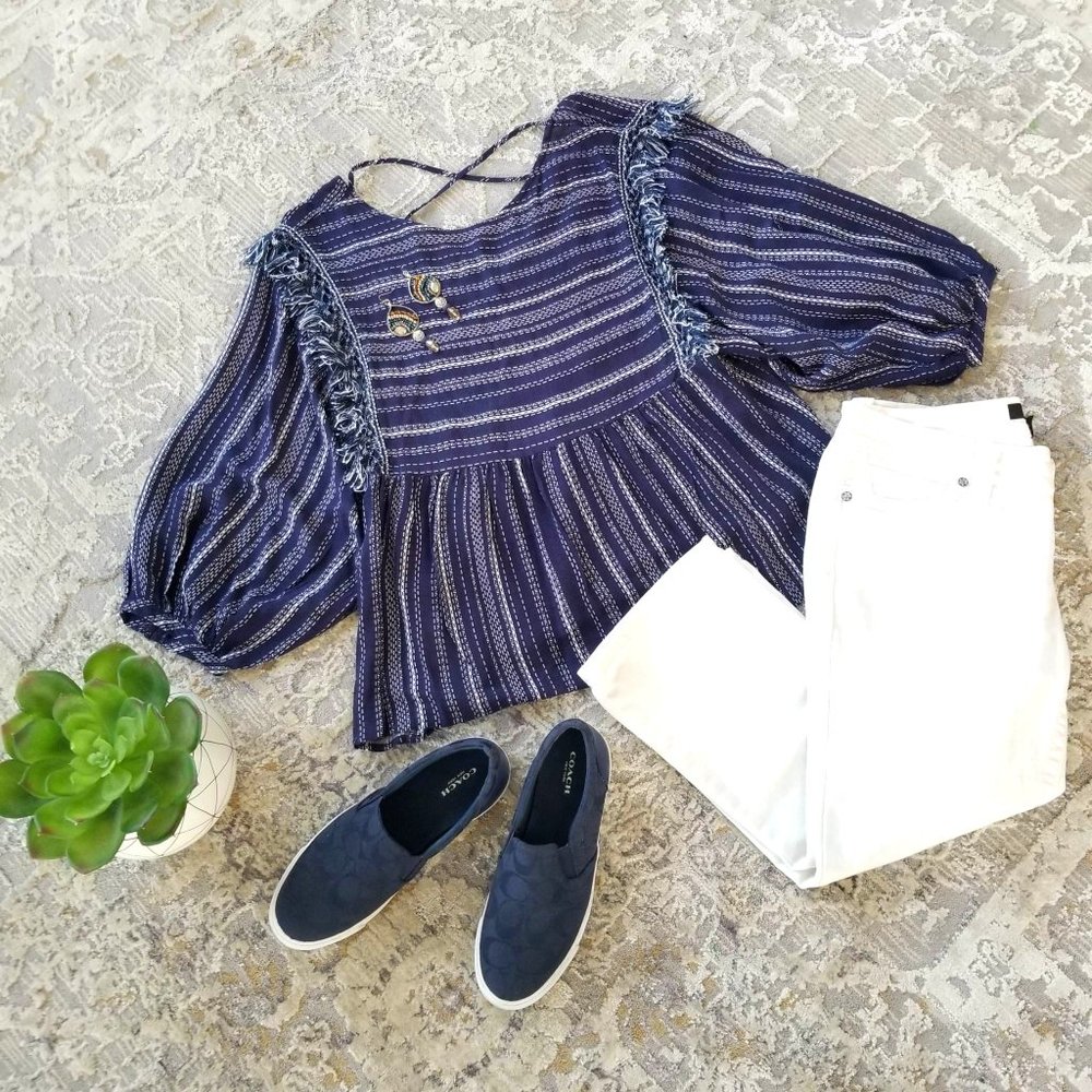 Top Blouse. Navy Blue & White Stripe. Blue Rain Brand. Size Small. - Picture 1 of 6